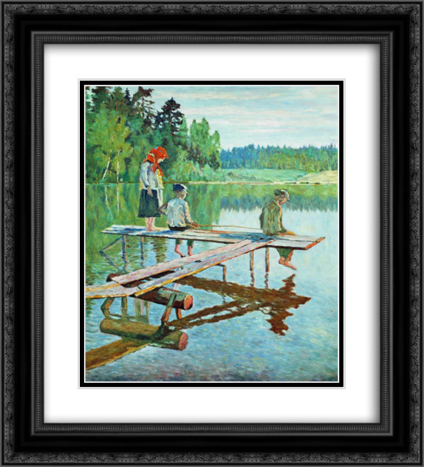 Evening (Angler) 20x22 Black Ornate Wood Framed Art Print Poster with Double Matting by Bogdanov Belsky, Nikolay