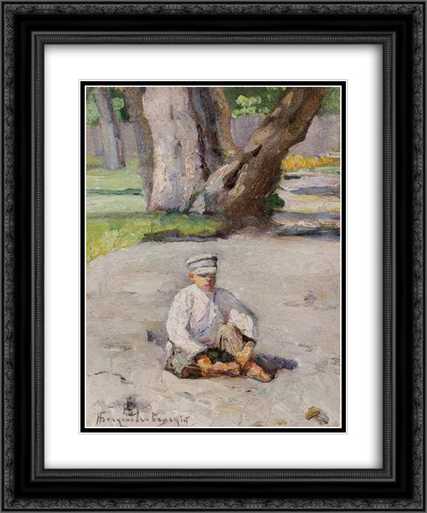 Garson sitting in front of a tree 20x24 Black Ornate Wood Framed Art Print Poster with Double Matting by Bogdanov Belsky, Nikolay