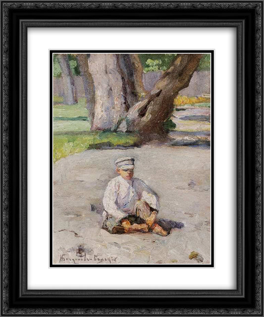 Garson sitting in front of a tree 20x24 Black Ornate Wood Framed Art Print Poster with Double Matting by Bogdanov Belsky, Nikolay