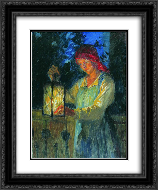 Girl with Latern 20x24 Black Ornate Wood Framed Art Print Poster with Double Matting by Bogdanov Belsky, Nikolay