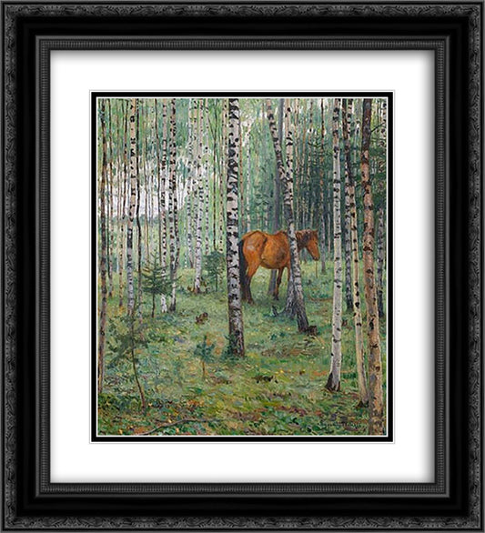 Horse between Birches 20x22 Black Ornate Wood Framed Art Print Poster with Double Matting by Bogdanov Belsky, Nikolay