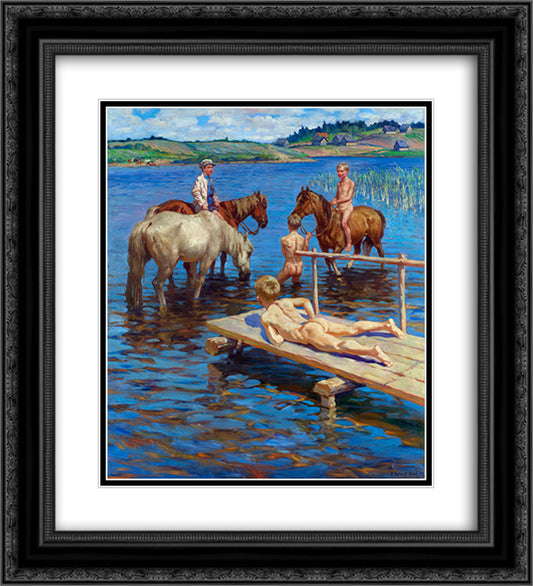 Horses Bathing 20x22 Black Ornate Wood Framed Art Print Poster with Double Matting by Bogdanov Belsky, Nikolay