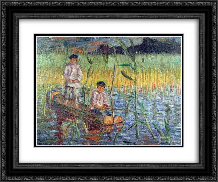 In the Cattails 24x20 Black Ornate Wood Framed Art Print Poster with Double Matting by Bogdanov Belsky, Nikolay