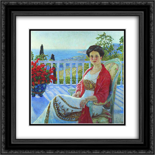 Lady on a Balcony, Koreiz 20x20 Black Ornate Wood Framed Art Print Poster with Double Matting by Bogdanov Belsky, Nikolay
