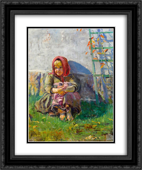 Little Girl in a Garden 20x24 Black Ornate Wood Framed Art Print Poster with Double Matting by Bogdanov Belsky, Nikolay