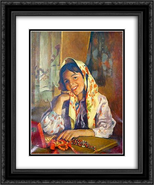 Ma'dchen in Russian costume 20x24 Black Ornate Wood Framed Art Print Poster with Double Matting by Bogdanov Belsky, Nikolay