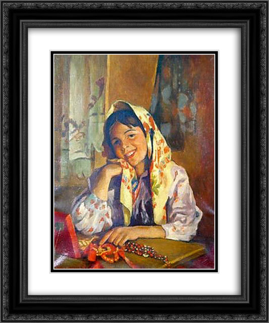 Ma'dchen in Russian costume 20x24 Black Ornate Wood Framed Art Print Poster with Double Matting by Bogdanov Belsky, Nikolay