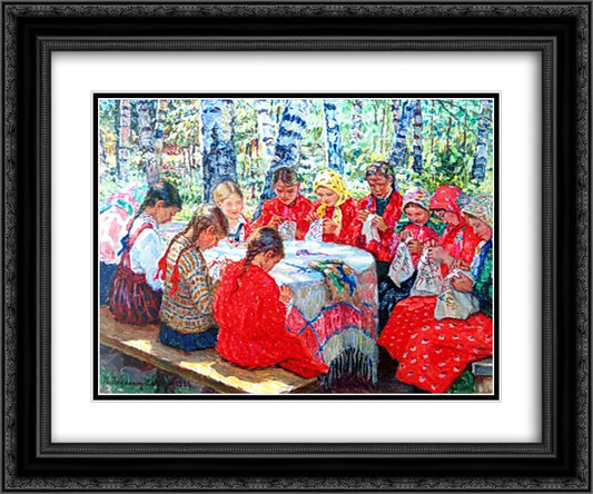 Needlework Classes in a Russian Village 24x20 Black Ornate Wood Framed Art Print Poster with Double Matting by Bogdanov Belsky, Nikolay