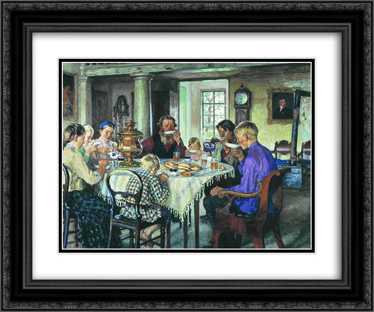 New Owners (Tea-Drinking) 24x20 Black Ornate Wood Framed Art Print Poster with Double Matting by Bogdanov Belsky, Nikolay