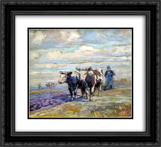 Nice landscape with Ox and farmer 22x20 Black Ornate Wood Framed Art Print Poster with Double Matting by Bogdanov Belsky, Nikolay