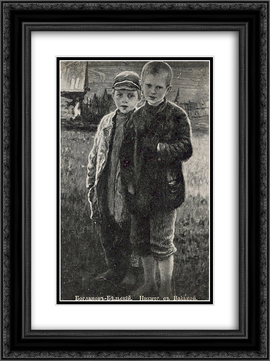 Nikita and Vaska 18x24 Black Ornate Wood Framed Art Print Poster with Double Matting by Bogdanov Belsky, Nikolay