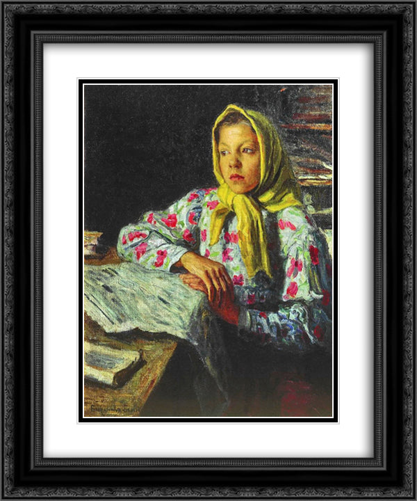 Portrait of a Girl 20x24 Black Ornate Wood Framed Art Print Poster with Double Matting by Bogdanov Belsky, Nikolay
