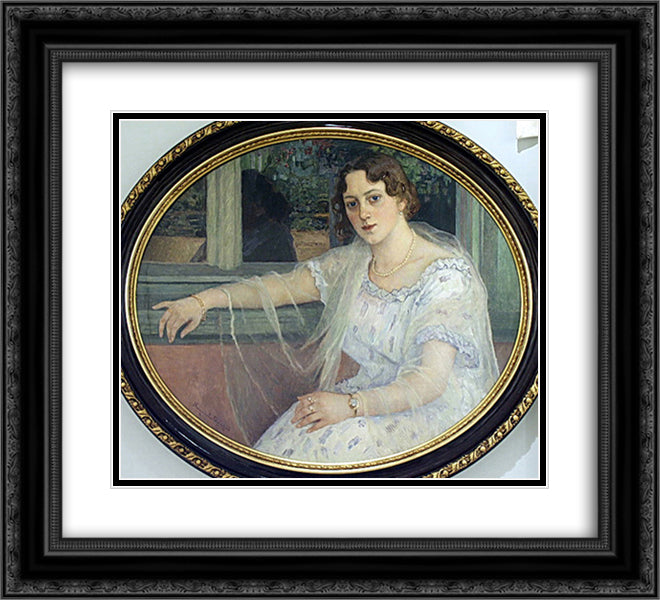 Portrait of a Young Woman 22x20 Black Ornate Wood Framed Art Print Poster with Double Matting by Bogdanov Belsky, Nikolay