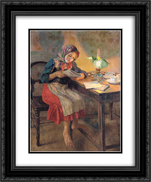 Reading by the Lamp (Schoolgirl) 20x24 Black Ornate Wood Framed Art Print Poster with Double Matting by Bogdanov Belsky, Nikolay