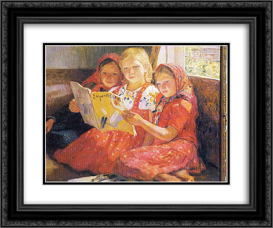 Reading Girls 24x20 Black Ornate Wood Framed Art Print Poster with Double Matting by Bogdanov Belsky, Nikolay