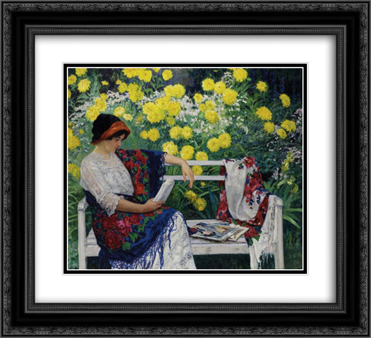 Reading in the garden 22x20 Black Ornate Wood Framed Art Print Poster with Double Matting by Bogdanov Belsky, Nikolay