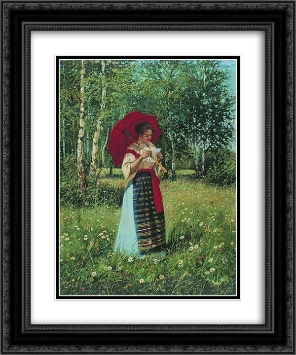 Reading the Letter 20x24 Black Ornate Wood Framed Art Print Poster with Double Matting by Bogdanov Belsky, Nikolay