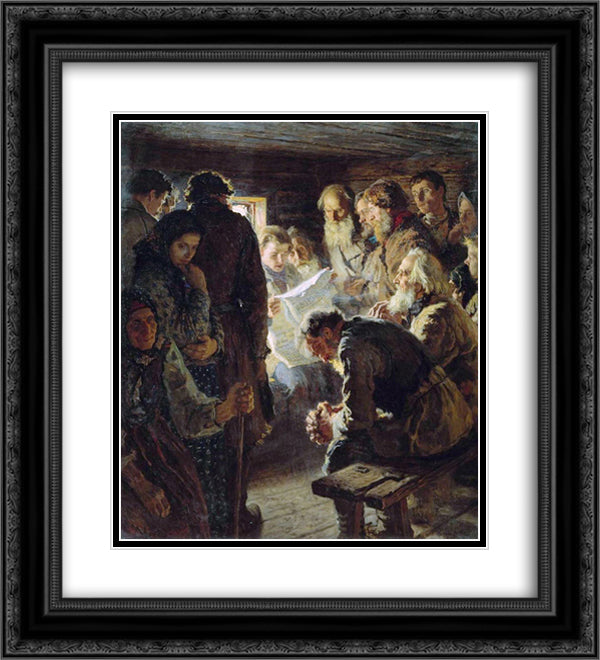 Reading the Newspaper. War News 20x22 Black Ornate Wood Framed Art Print Poster with Double Matting by Bogdanov Belsky, Nikolay