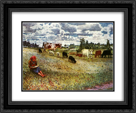 Shepherd Girl 24x20 Black Ornate Wood Framed Art Print Poster with Double Matting by Bogdanov Belsky, Nikolay
