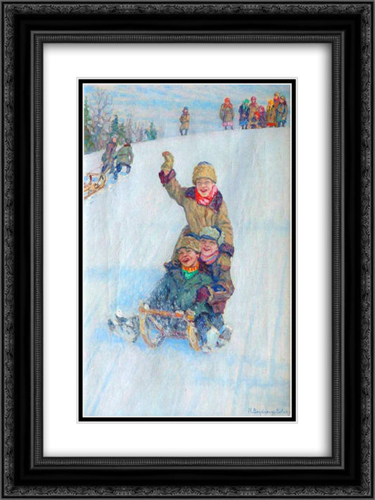 Skating from Mountain 18x24 Black Ornate Wood Framed Art Print Poster with Double Matting by Bogdanov Belsky, Nikolay
