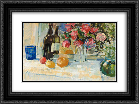 Still Life with a Bottle of Vine 24x18 Black Ornate Wood Framed Art Print Poster with Double Matting by Bogdanov Belsky, Nikolay
