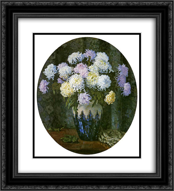 Still Life with Chrysanthemums 20x22 Black Ornate Wood Framed Art Print Poster with Double Matting by Bogdanov Belsky, Nikolay