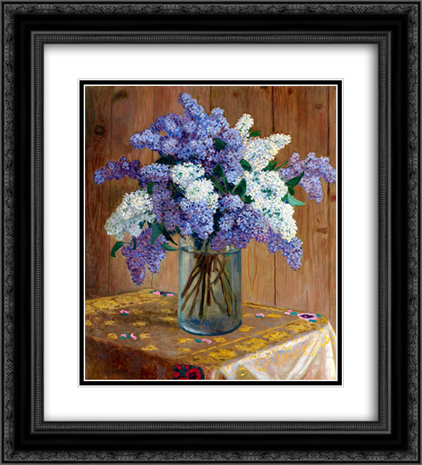 Still Life with Lilacs 20x22 Black Ornate Wood Framed Art Print Poster with Double Matting by Bogdanov Belsky, Nikolay