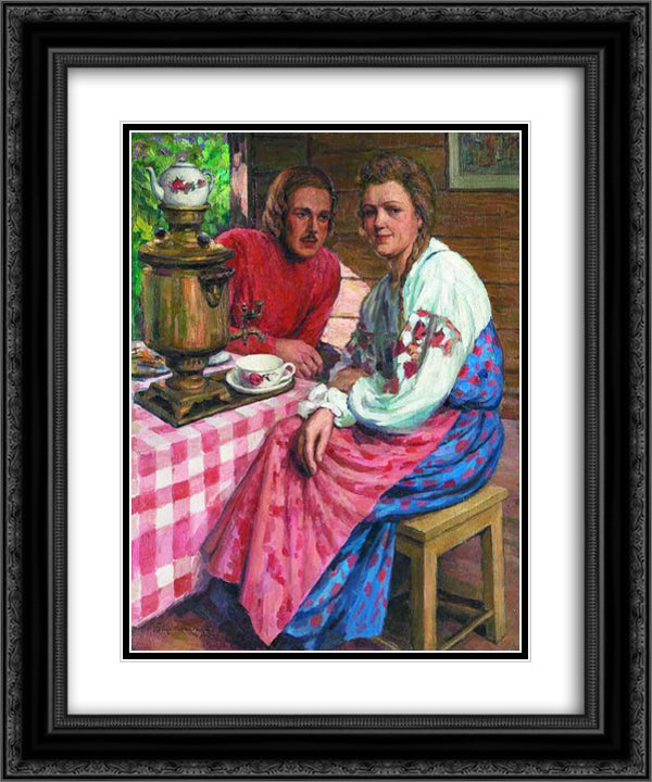 Tea-Drinking 20x24 Black Ornate Wood Framed Art Print Poster with Double Matting by Bogdanov Belsky, Nikolay