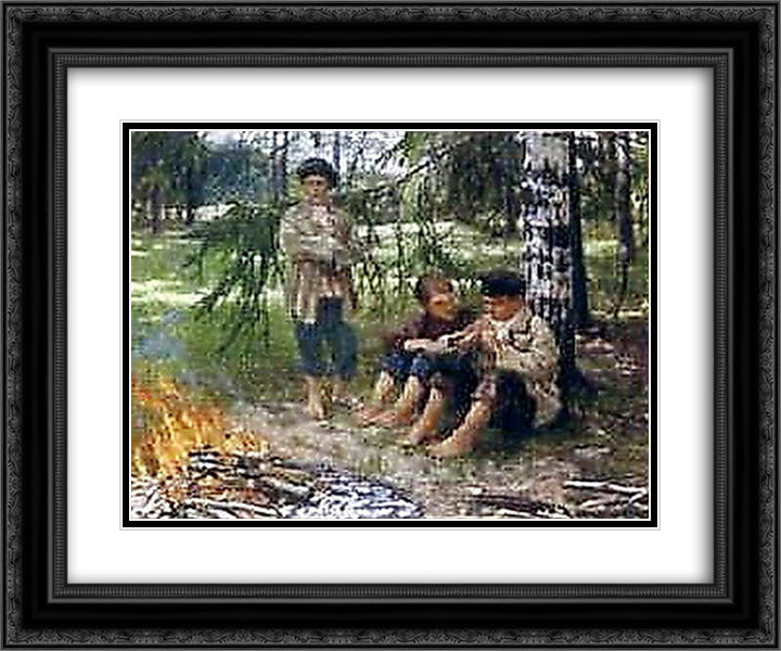 Three Boys in the Wood 24x20 Black Ornate Wood Framed Art Print Poster with Double Matting by Bogdanov Belsky, Nikolay