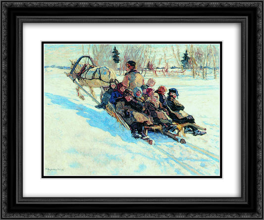 To school 24x20 Black Ornate Wood Framed Art Print Poster with Double Matting by Bogdanov Belsky, Nikolay
