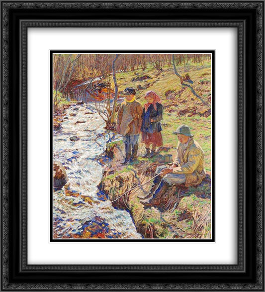 Trout Fishing 20x22 Black Ornate Wood Framed Art Print Poster with Double Matting by Bogdanov Belsky, Nikolay