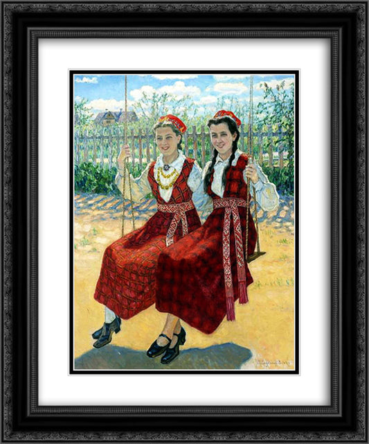 Two Girls On A Swing 20x24 Black Ornate Wood Framed Art Print Poster with Double Matting by Bogdanov Belsky, Nikolay