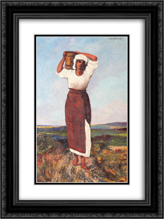 Peasant Woman with a Jar 18x24 Black Ornate Wood Framed Art Print Poster with Double Matting by Bancila, Octav