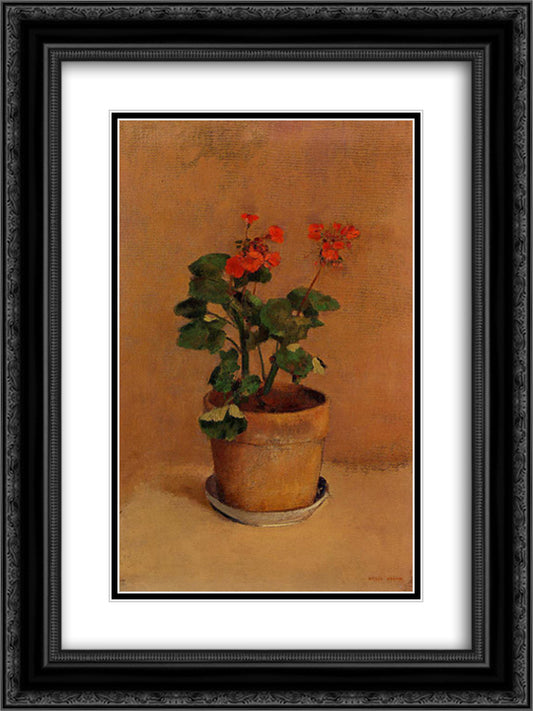 A Pot of Geraniums 18x24 Black Ornate Wood Framed Art Print Poster with Double Matting by Redon, Odilon