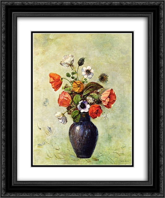 Anemones and Poppies in a Vase 20x24 Black Ornate Wood Framed Art Print Poster with Double Matting by Redon, Odilon