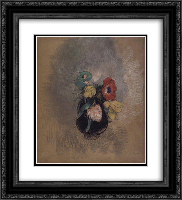 Anemones and Tulips 20x22 Black Ornate Wood Framed Art Print Poster with Double Matting by Redon, Odilon