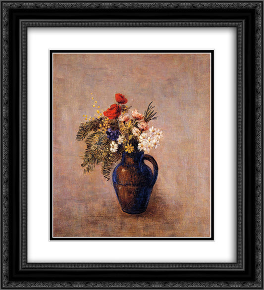 Bouquet of Flowers in a Blue Vase 20x22 Black Ornate Wood Framed Art Print Poster with Double Matting by Redon, Odilon