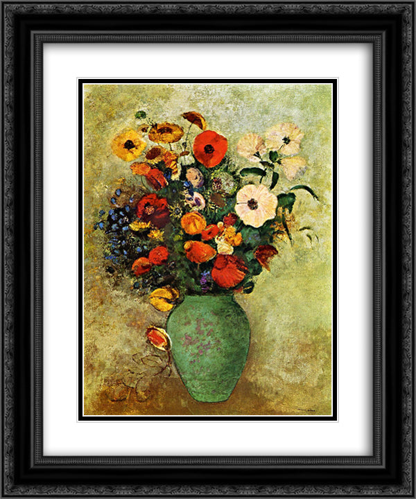 Bouquet of Flowers in a Green Vase 20x24 Black Ornate Wood Framed Art Print Poster with Double Matting by Redon, Odilon