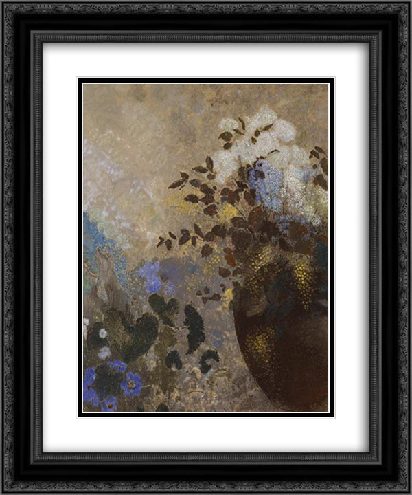Flowers in a Black Vase 20x24 Black Ornate Wood Framed Art Print Poster with Double Matting by Redon, Odilon