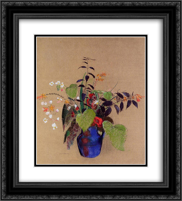 Flowers in a Blue Jug 20x22 Black Ornate Wood Framed Art Print Poster with Double Matting by Redon, Odilon