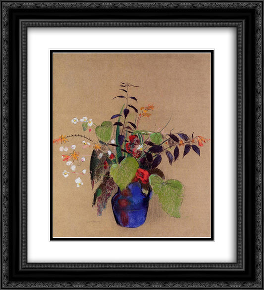 Flowers in a Blue Jug 20x22 Black Ornate Wood Framed Art Print Poster with Double Matting by Redon, Odilon