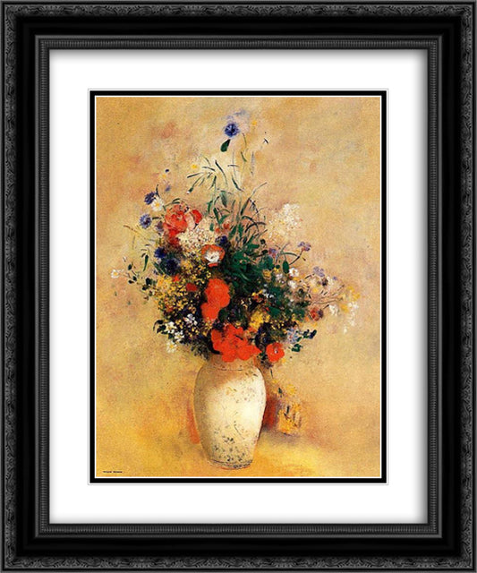 Flowers in a Blue Vase 20x24 Black Ornate Wood Framed Art Print Poster with Double Matting by Redon, Odilon