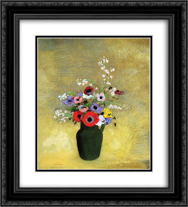 Flowers in a Green Pitcher 20x22 Black Ornate Wood Framed Art Print Poster with Double Matting by Redon, Odilon