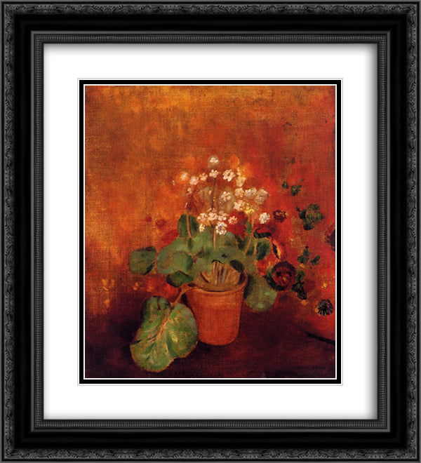 Flowers in a Pot on a Red Background 20x22 Black Ornate Wood Framed Art Print Poster with Double Matting by Redon, Odilon