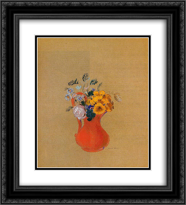 Flowers in a Red Pitcher 20x22 Black Ornate Wood Framed Art Print Poster with Double Matting by Redon, Odilon