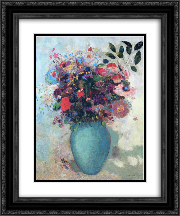 Flowers in a Turquoise Vase 20x24 Black Ornate Wood Framed Art Print Poster with Double Matting by Redon, Odilon