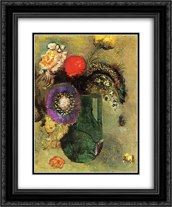 Flowers in Green Vase with Handles 20x24 Black Ornate Wood Framed Art Print Poster with Double Matting by Redon, Odilon