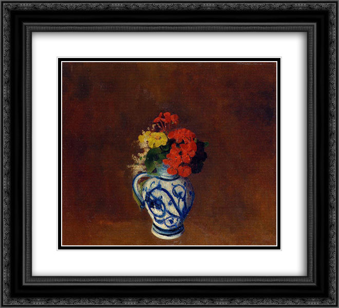 Geraniums and other Flowers in a Stoneware Vase 22x20 Black Ornate Wood Framed Art Print Poster with Double Matting by Redon, Odilon