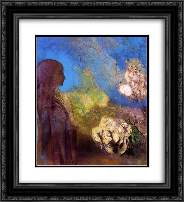 Girl with Chrysanthemums 20x22 Black Ornate Wood Framed Art Print Poster with Double Matting by Redon, Odilon