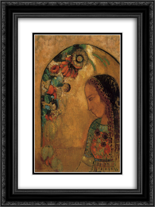 Lady of the Flowers 18x24 Black Ornate Wood Framed Art Print Poster with Double Matting by Redon, Odilon